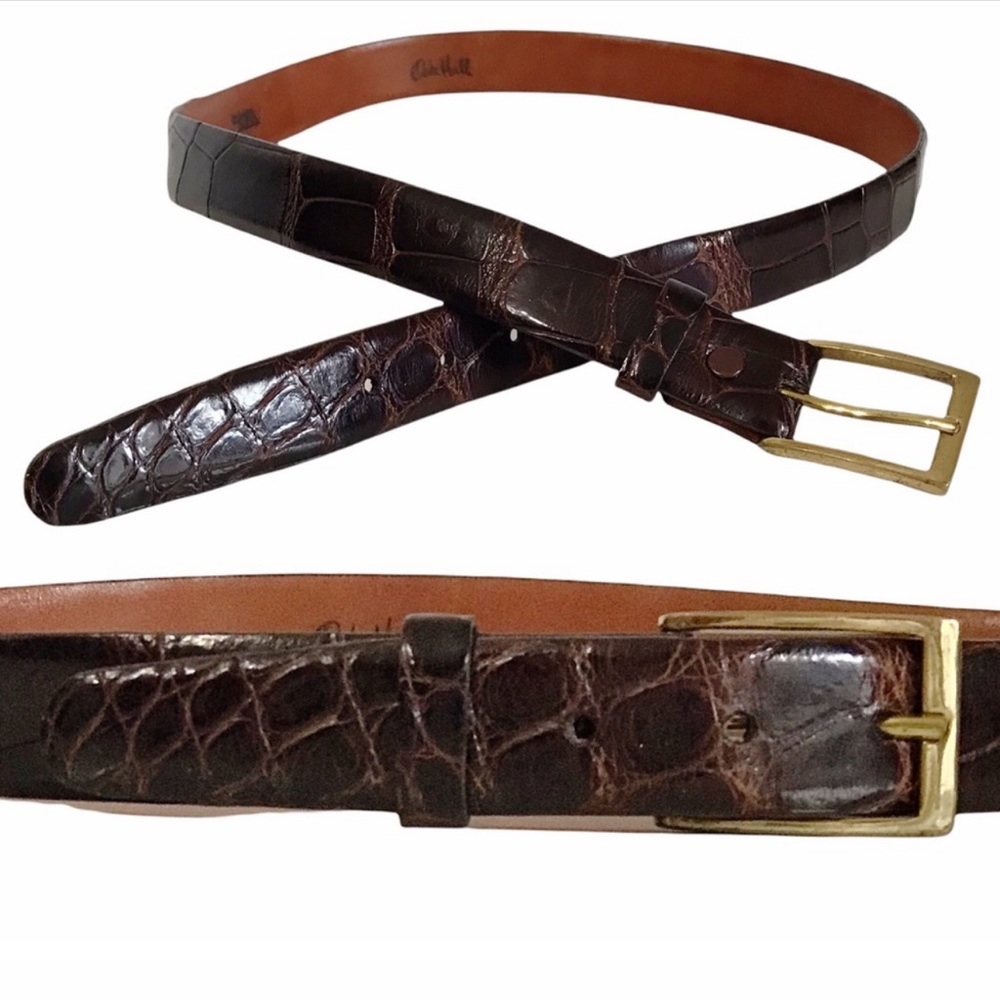 Oak Hall American Alligator Stitch Belt 35MM Brown & Brass Men's Belt